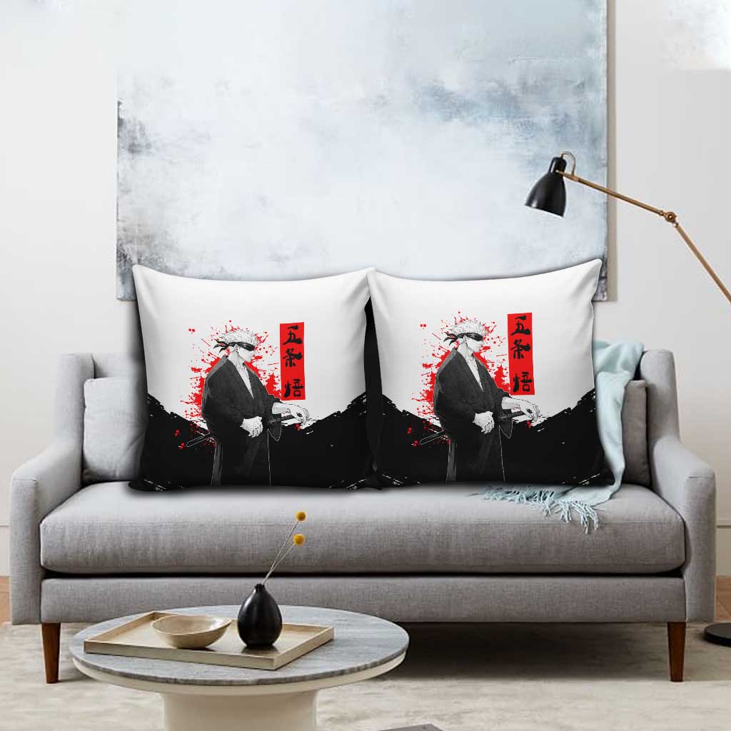 Satoru Gojo Jujutsu Kaisen Samurai Style Pillow Cover with Katana, Red Kanji and Oni Mask Illustration - The Mazicc