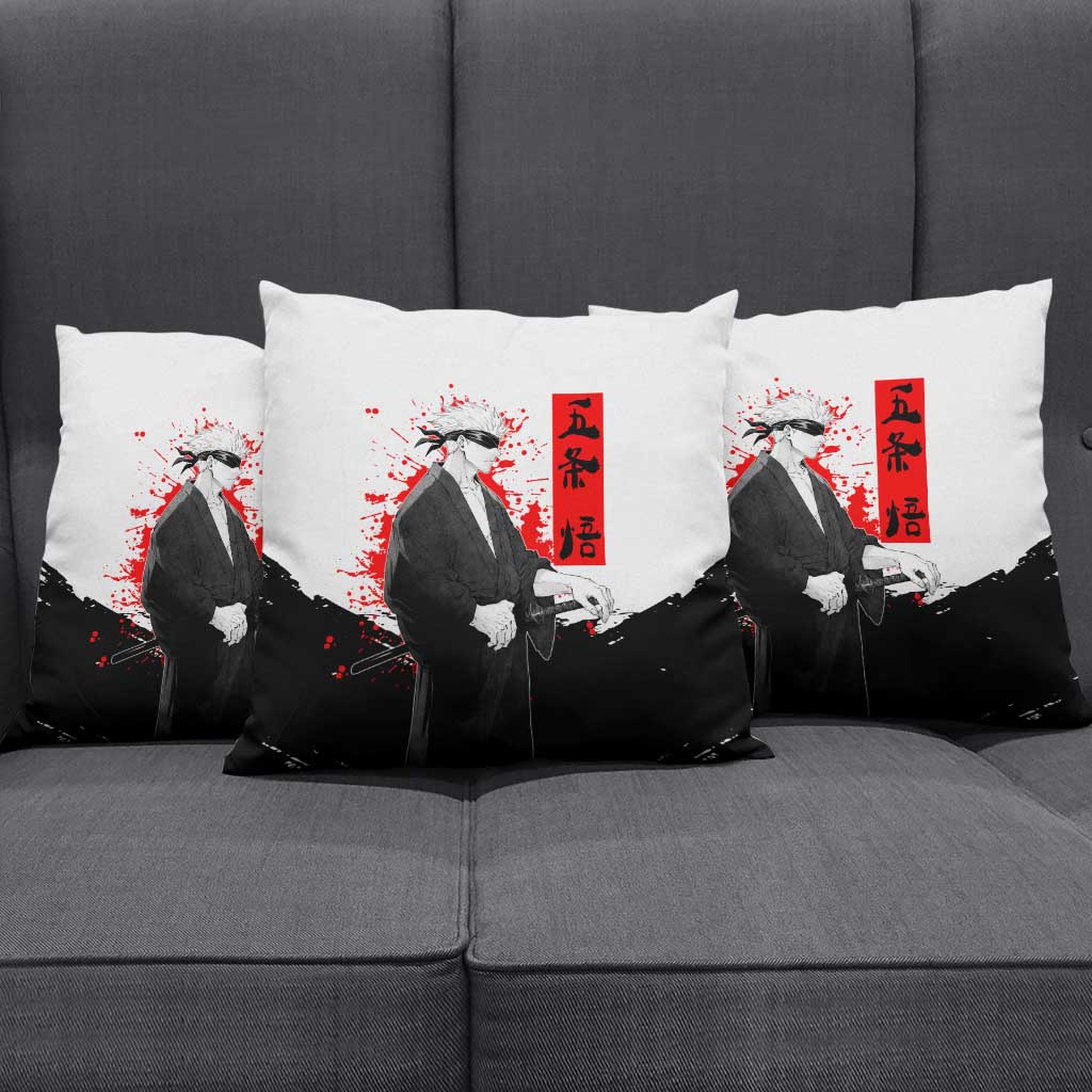 Satoru Gojo Jujutsu Kaisen Samurai Style Pillow Cover with Katana, Red Kanji and Oni Mask Illustration - The Mazicc