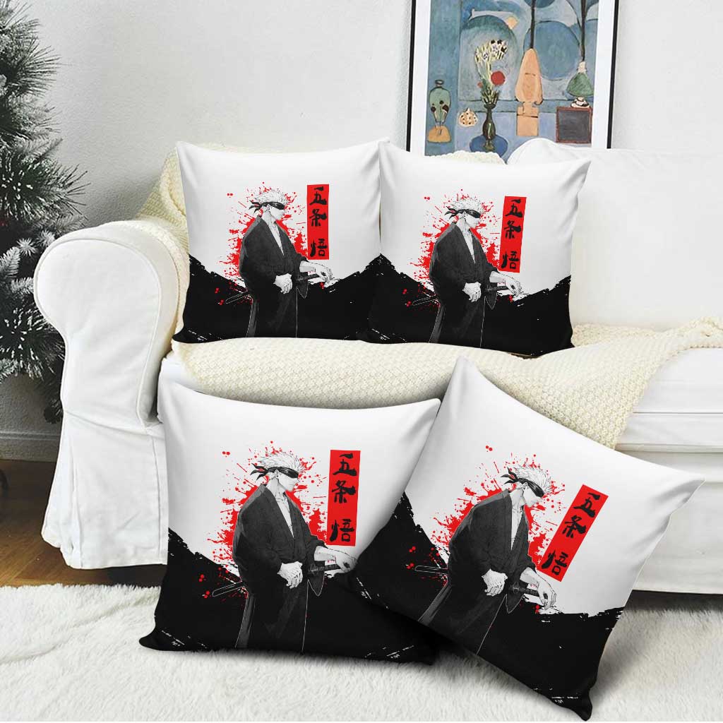 Satoru Gojo Jujutsu Kaisen Samurai Style Pillow Cover with Katana, Red Kanji and Oni Mask Illustration - The Mazicc