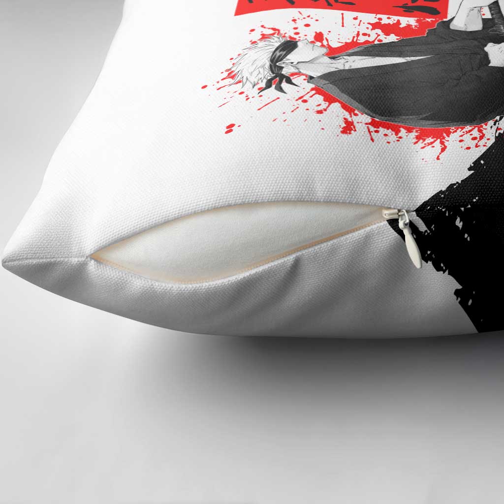 Satoru Gojo Jujutsu Kaisen Samurai Style Pillow Cover with Katana, Red Kanji and Oni Mask Illustration - The Mazicc