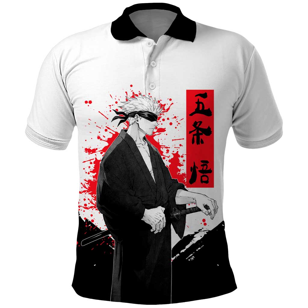 Satoru Gojo Jujutsu Kaisen Samurai Style Polo Shirt with Katana, Red Kanji and Oni Mask Illustration - The Mazicc