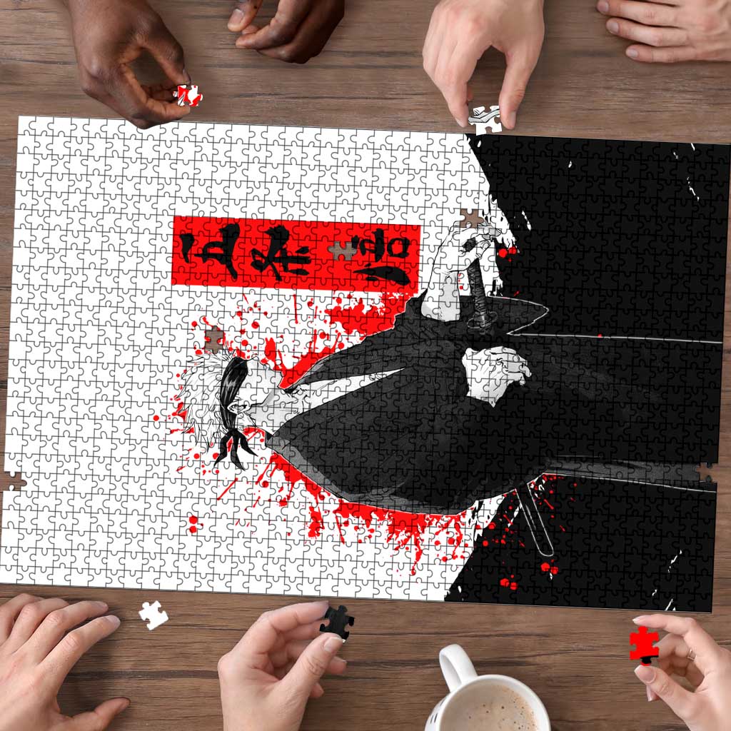 Satoru Gojo Jujutsu Kaisen Samurai Style Puzzle with Katana, Red Kanji and Oni Mask Illustration - The Mazicc