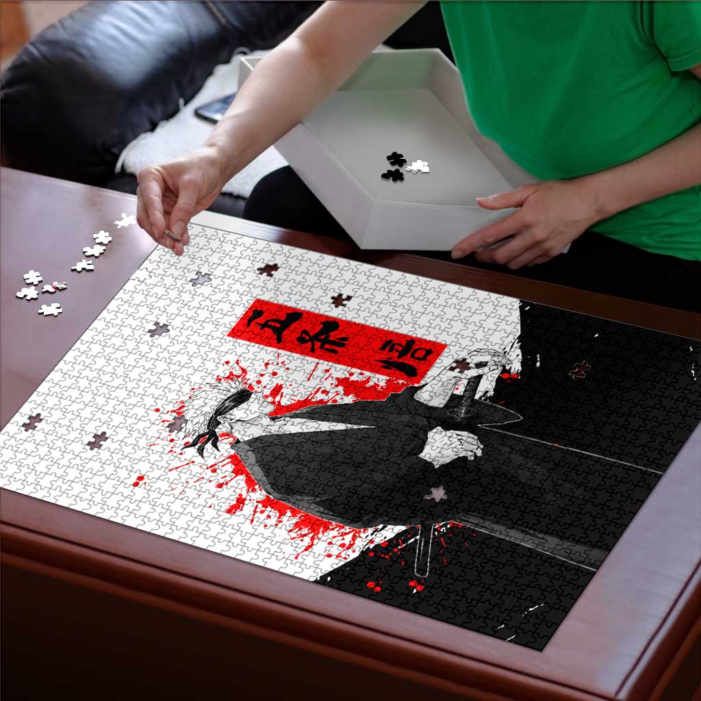 Satoru Gojo Jujutsu Kaisen Samurai Style Puzzle with Katana, Red Kanji and Oni Mask Illustration - The Mazicc