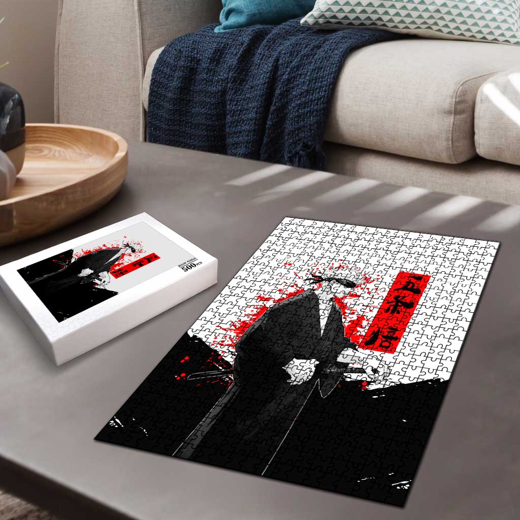 Satoru Gojo Jujutsu Kaisen Samurai Style Puzzle with Katana, Red Kanji and Oni Mask Illustration - The Mazicc