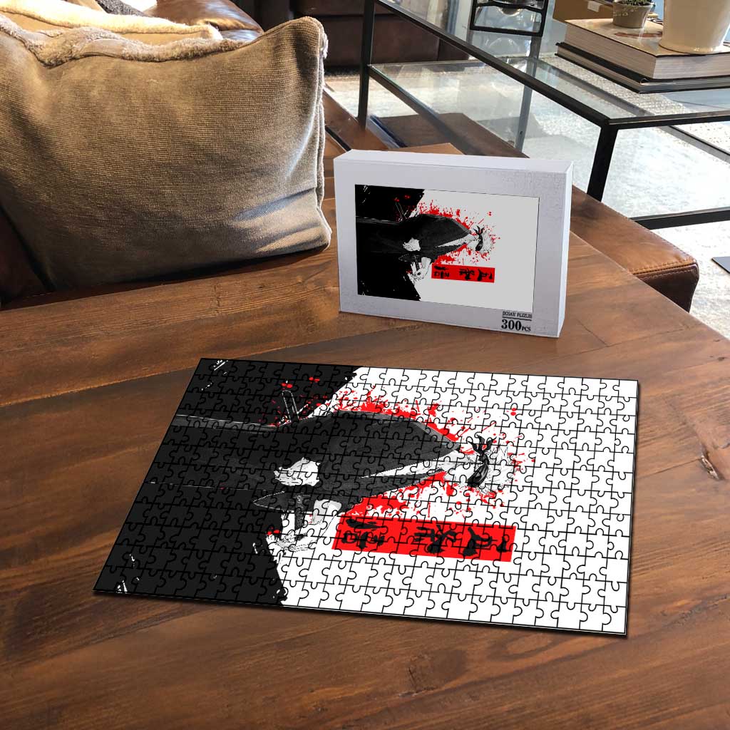 Satoru Gojo Jujutsu Kaisen Samurai Style Puzzle with Katana, Red Kanji and Oni Mask Illustration - The Mazicc