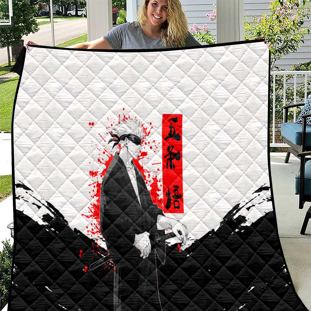 Satoru Gojo Jujutsu Kaisen Samurai Style Quilt with Katana, Red Kanji and Oni Mask Illustration - The Mazicc