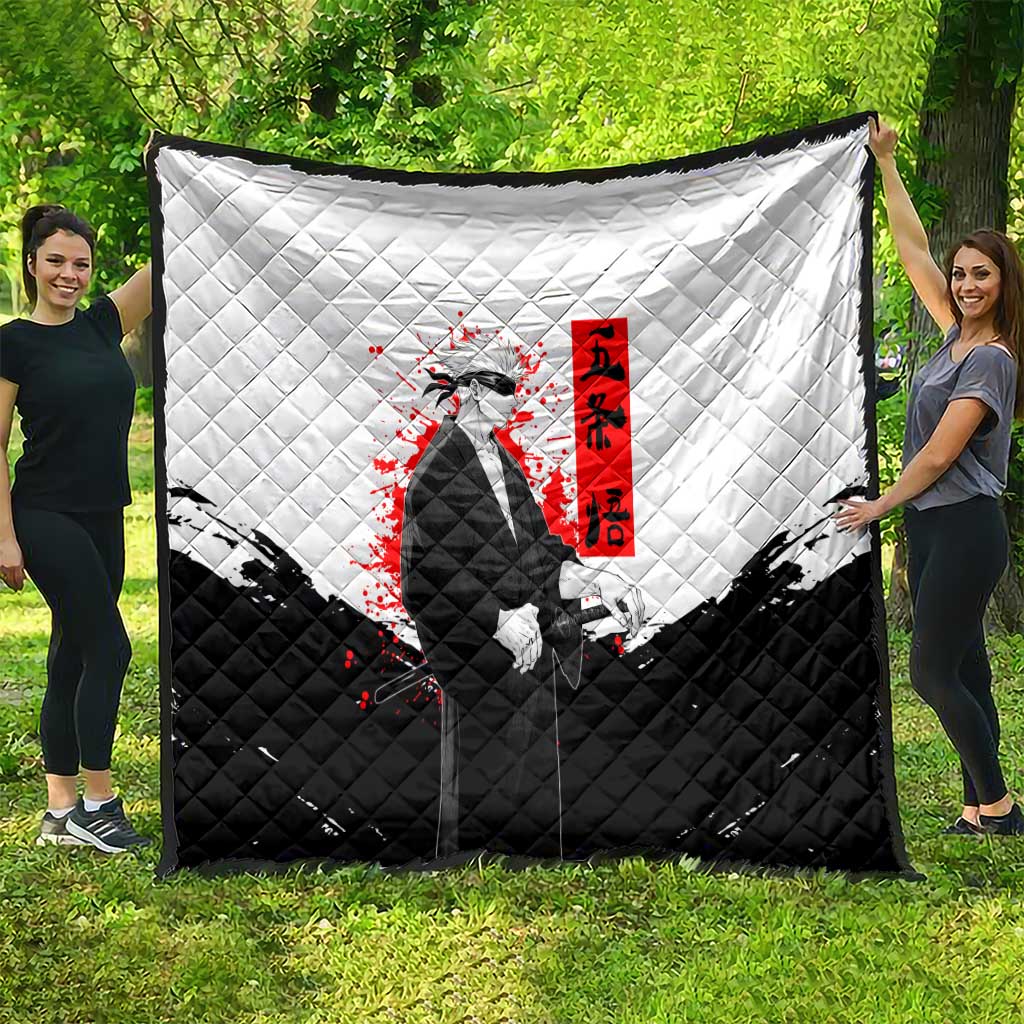 Satoru Gojo Jujutsu Kaisen Samurai Style Quilt with Katana, Red Kanji and Oni Mask Illustration - The Mazicc