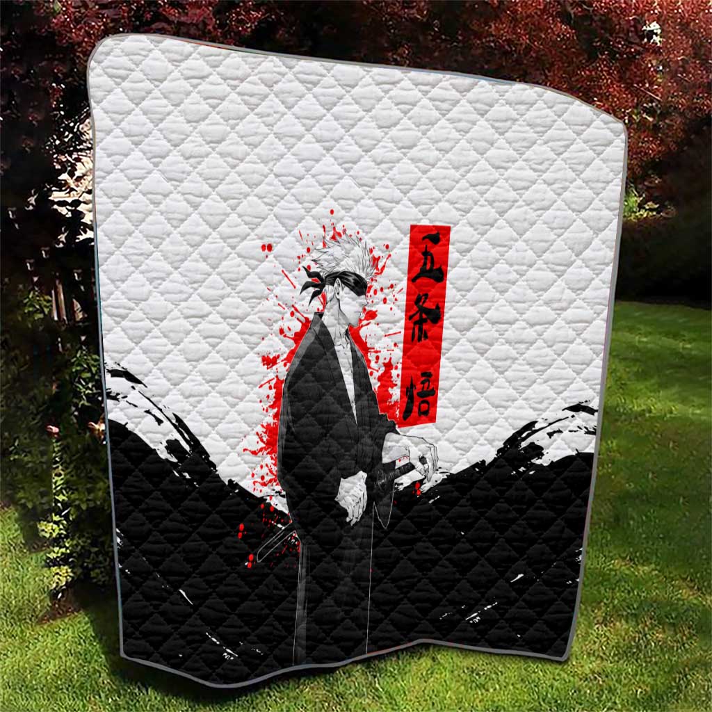 Satoru Gojo Jujutsu Kaisen Samurai Style Quilt with Katana, Red Kanji and Oni Mask Illustration - The Mazicc