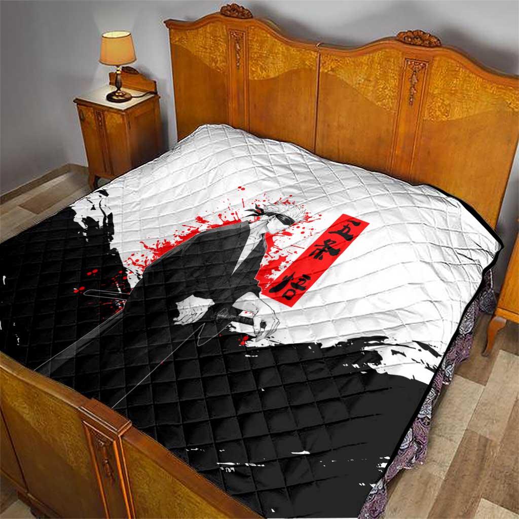 Satoru Gojo Jujutsu Kaisen Samurai Style Quilt with Katana, Red Kanji and Oni Mask Illustration - The Mazicc