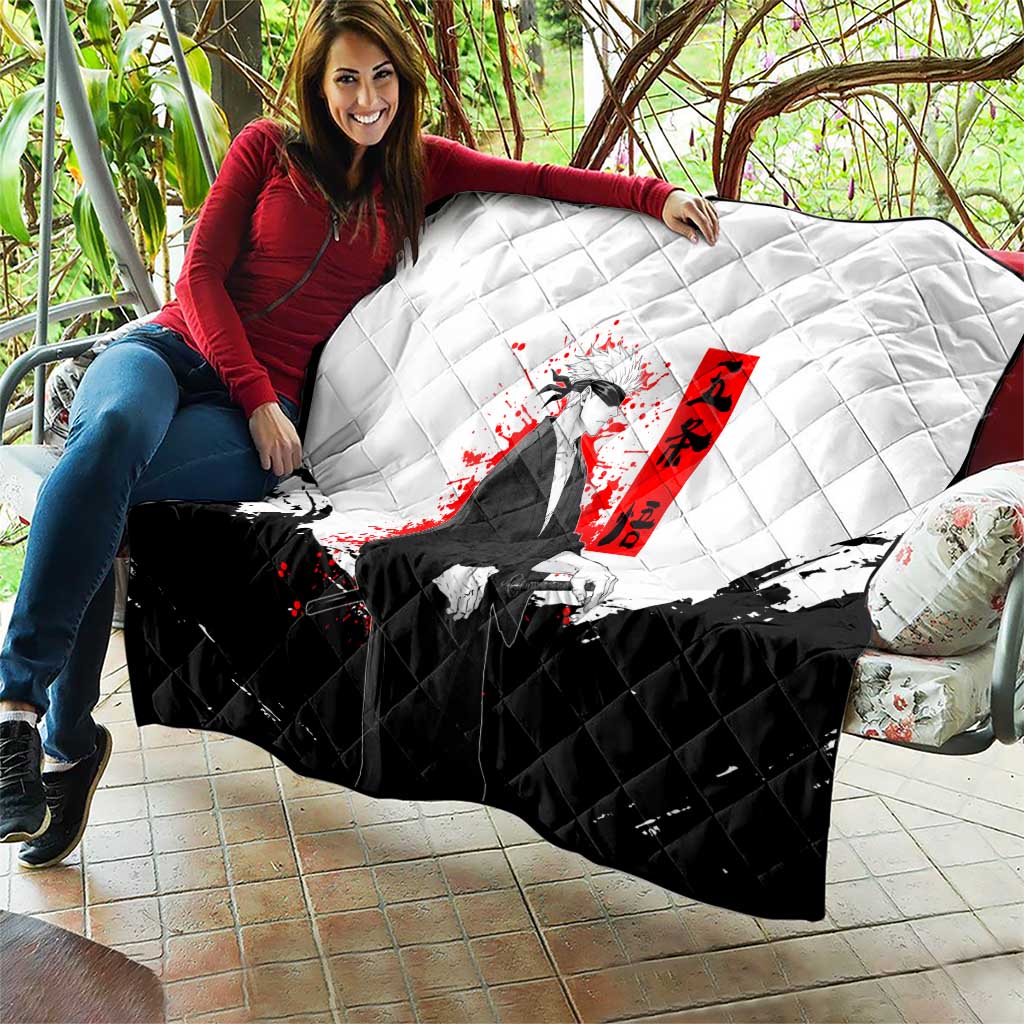 Satoru Gojo Jujutsu Kaisen Samurai Style Quilt with Katana, Red Kanji and Oni Mask Illustration - The Mazicc