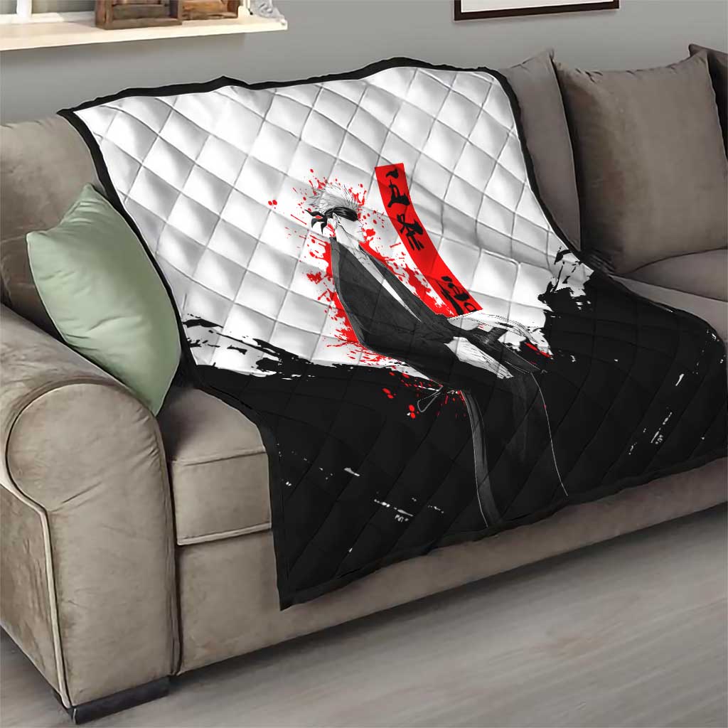 Satoru Gojo Jujutsu Kaisen Samurai Style Quilt with Katana, Red Kanji and Oni Mask Illustration - The Mazicc