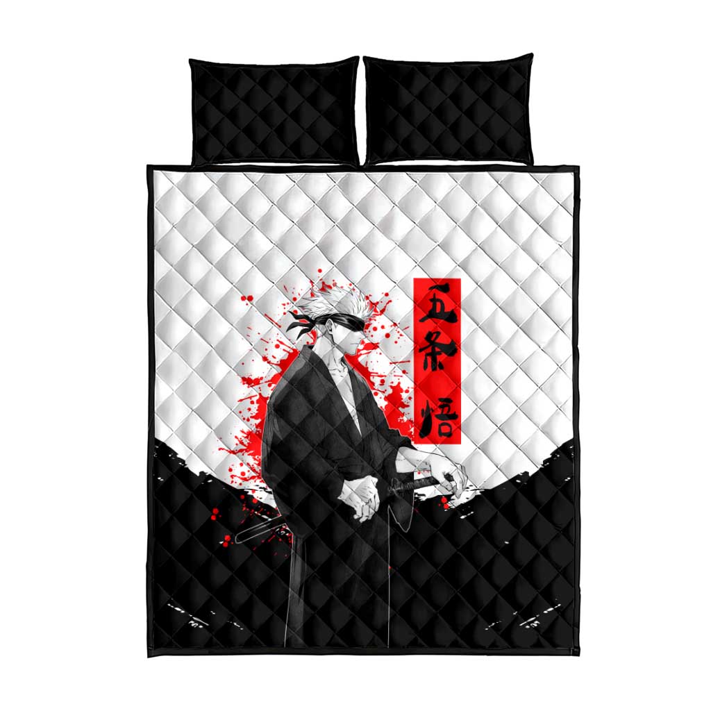 Satoru Gojo Jujutsu Kaisen Samurai Style Quilt Bed Set with Katana, Red Kanji and Oni Mask Illustration - The Mazicc