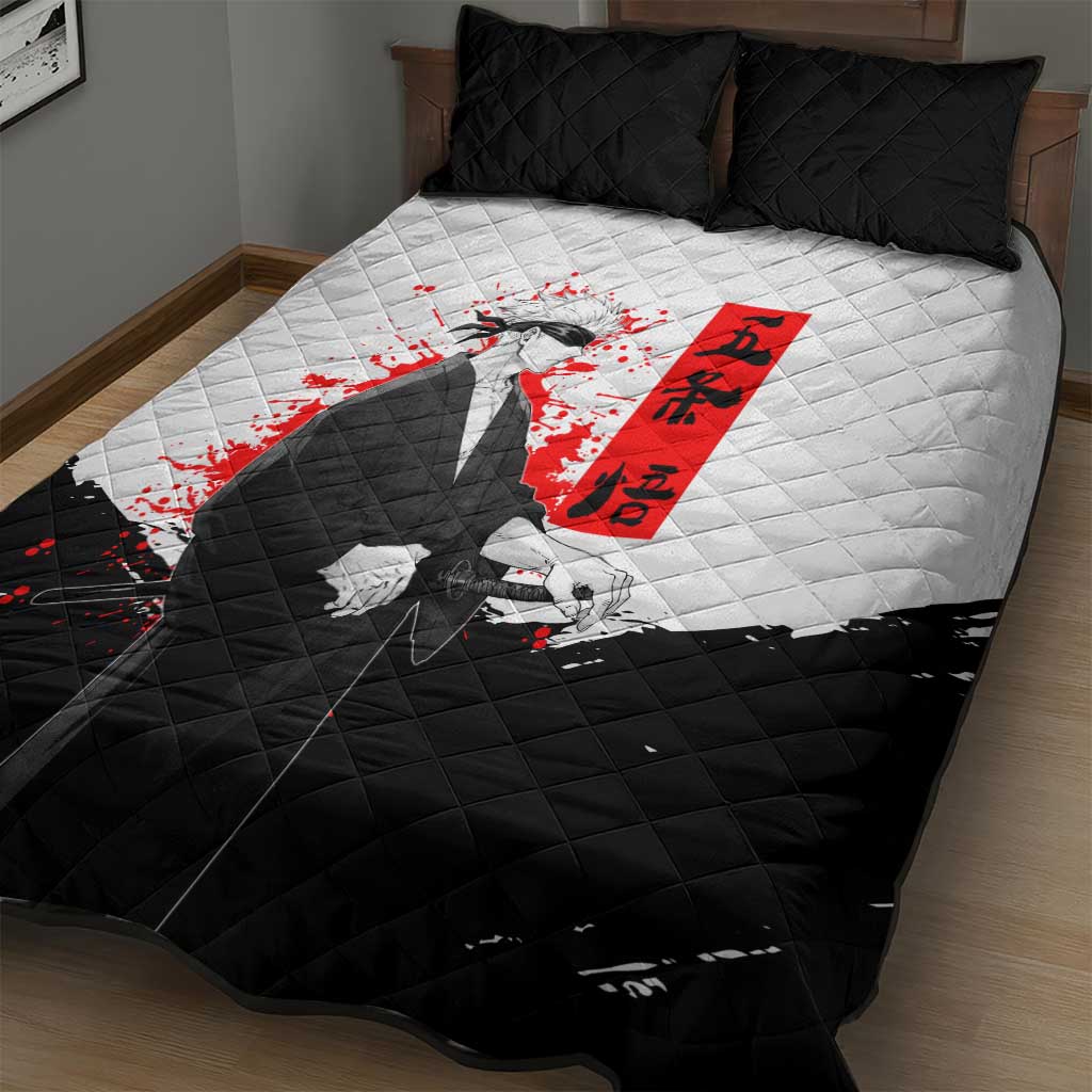 Satoru Gojo Jujutsu Kaisen Samurai Style Quilt Bed Set with Katana, Red Kanji and Oni Mask Illustration - The Mazicc