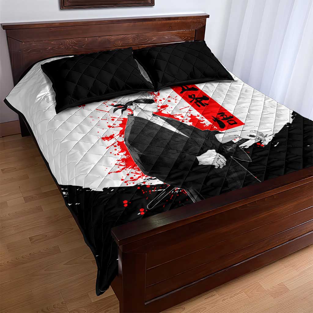 Satoru Gojo Jujutsu Kaisen Samurai Style Quilt Bed Set with Katana, Red Kanji and Oni Mask Illustration - The Mazicc