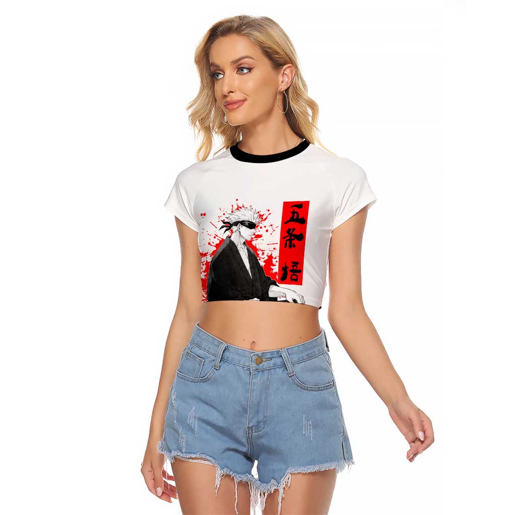 Satoru Gojo Jujutsu Kaisen Samurai Style Raglan Cropped T Shirt with Katana, Red Kanji and Oni Mask Illustration - The Mazicc