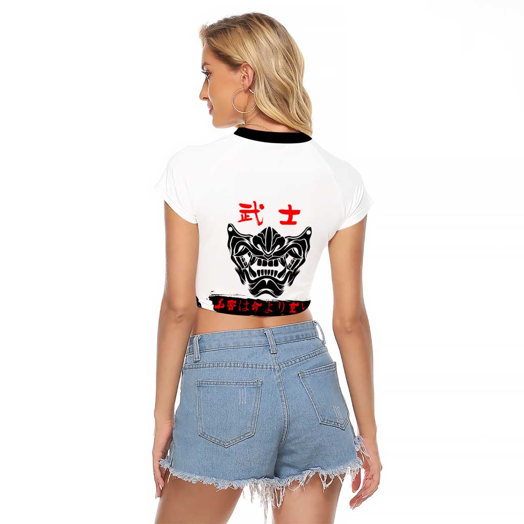 Satoru Gojo Jujutsu Kaisen Samurai Style Raglan Cropped T Shirt with Katana, Red Kanji and Oni Mask Illustration - The Mazicc