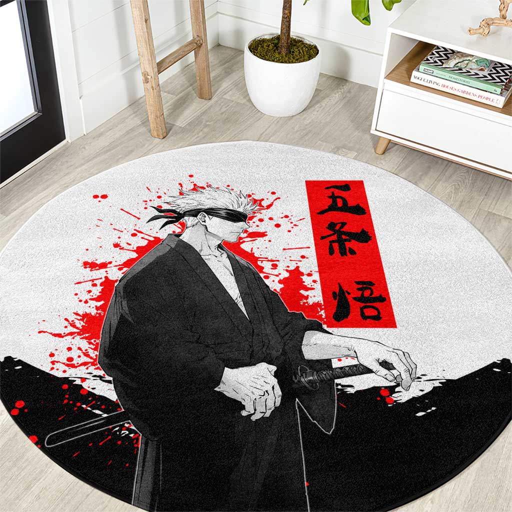 Satoru Gojo Jujutsu Kaisen Samurai Style Round Carpet with Katana, Red Kanji and Oni Mask Illustration - The Mazicc