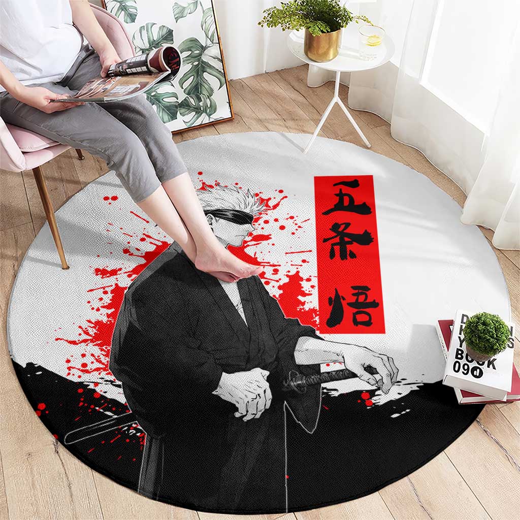 Satoru Gojo Jujutsu Kaisen Samurai Style Round Carpet with Katana, Red Kanji and Oni Mask Illustration - The Mazicc