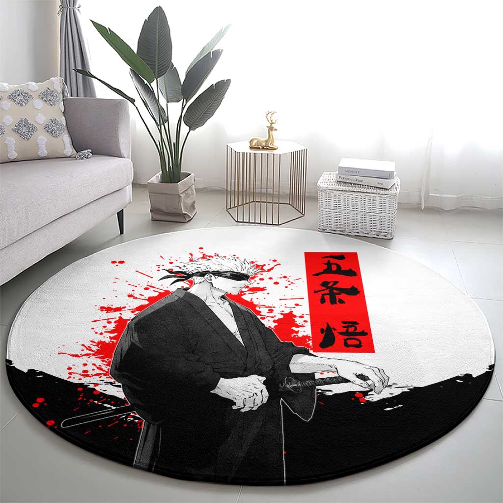 Satoru Gojo Jujutsu Kaisen Samurai Style Round Carpet with Katana, Red Kanji and Oni Mask Illustration - The Mazicc