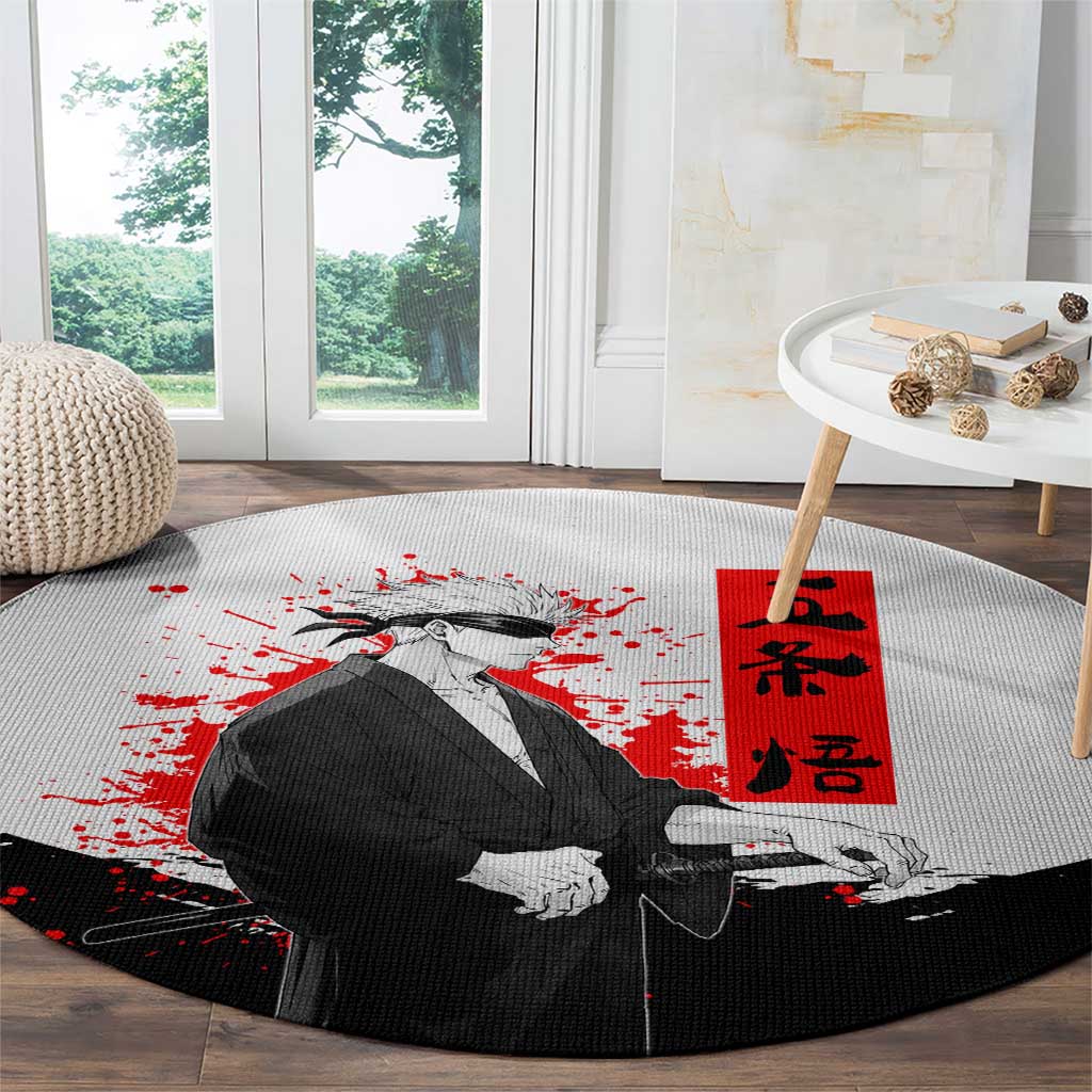 Satoru Gojo Jujutsu Kaisen Samurai Style Round Carpet with Katana, Red Kanji and Oni Mask Illustration - The Mazicc