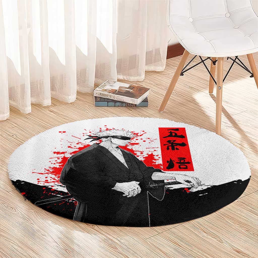 Satoru Gojo Jujutsu Kaisen Samurai Style Round Carpet with Katana, Red Kanji and Oni Mask Illustration - The Mazicc