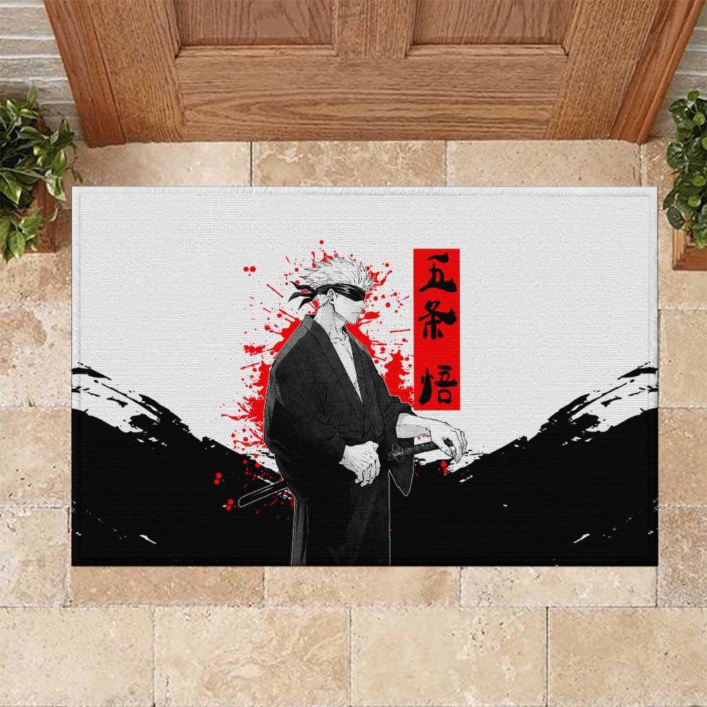 Satoru Gojo Jujutsu Kaisen Samurai Style Rubber Doormat with Katana, Red Kanji and Oni Mask Illustration - The Mazicc