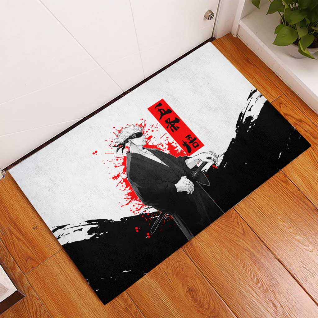 Satoru Gojo Jujutsu Kaisen Samurai Style Rubber Doormat with Katana, Red Kanji and Oni Mask Illustration - The Mazicc