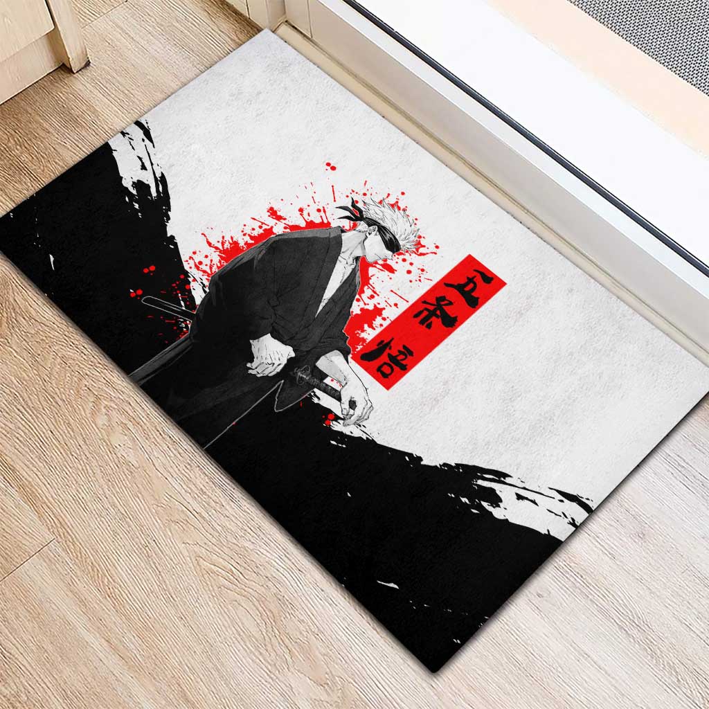 Satoru Gojo Jujutsu Kaisen Samurai Style Rubber Doormat with Katana, Red Kanji and Oni Mask Illustration - The Mazicc