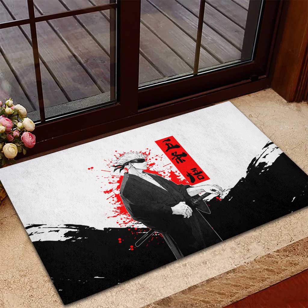 Satoru Gojo Jujutsu Kaisen Samurai Style Rubber Doormat with Katana, Red Kanji and Oni Mask Illustration - The Mazicc