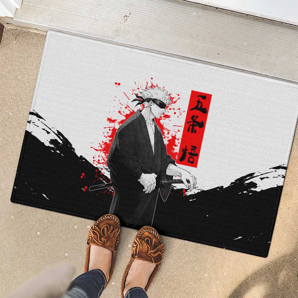 Satoru Gojo Jujutsu Kaisen Samurai Style Rubber Doormat with Katana, Red Kanji and Oni Mask Illustration - The Mazicc
