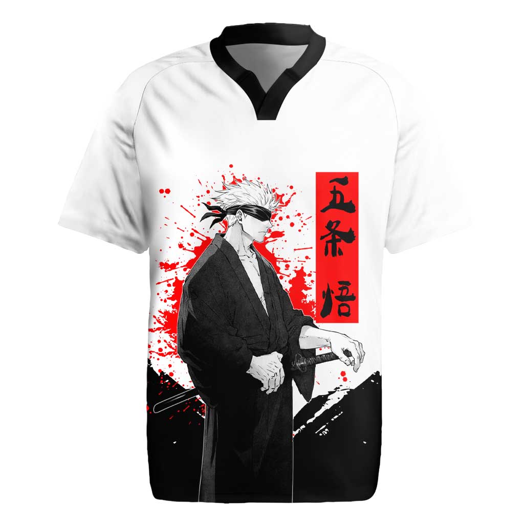 Satoru Gojo Jujutsu Kaisen Samurai Style Rugby Jersey with Katana, Red Kanji and Oni Mask Illustration - The Mazicc