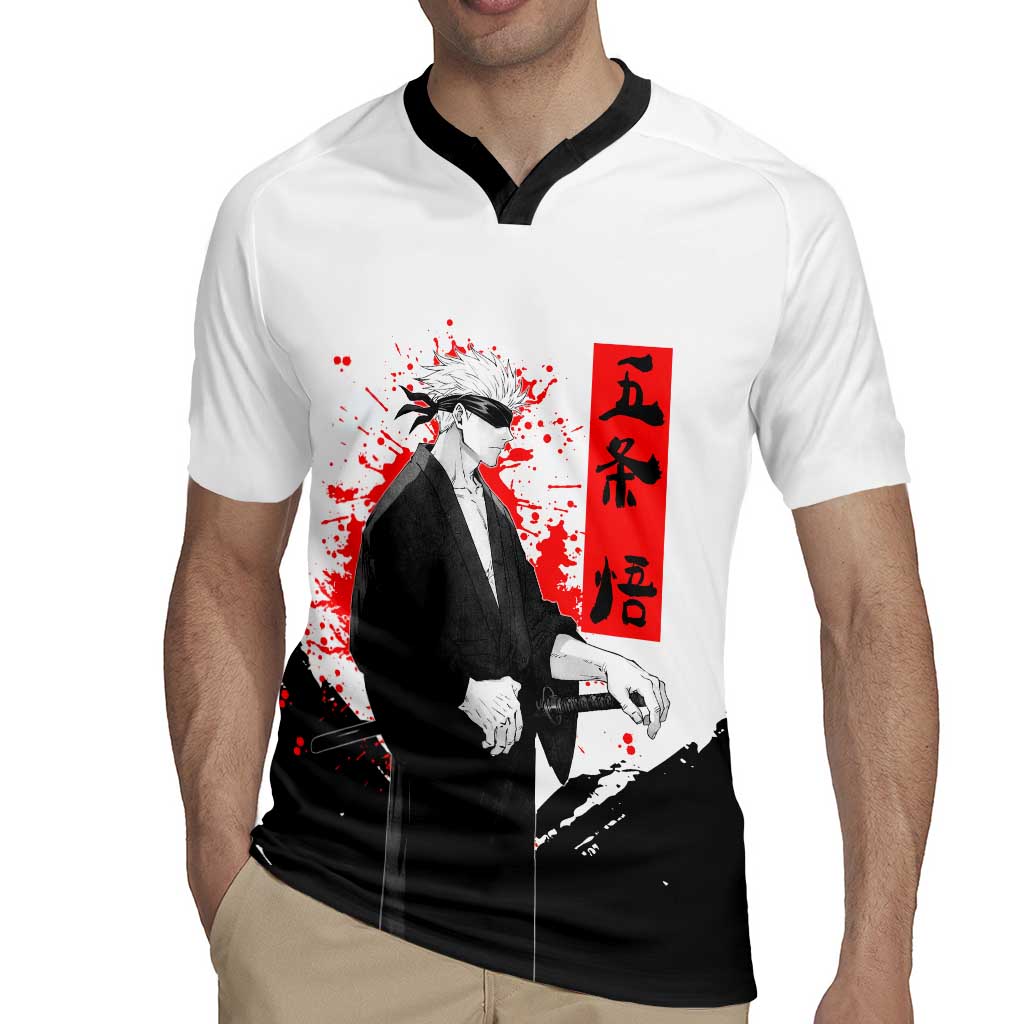 Satoru Gojo Jujutsu Kaisen Samurai Style Rugby Jersey with Katana, Red Kanji and Oni Mask Illustration - The Mazicc