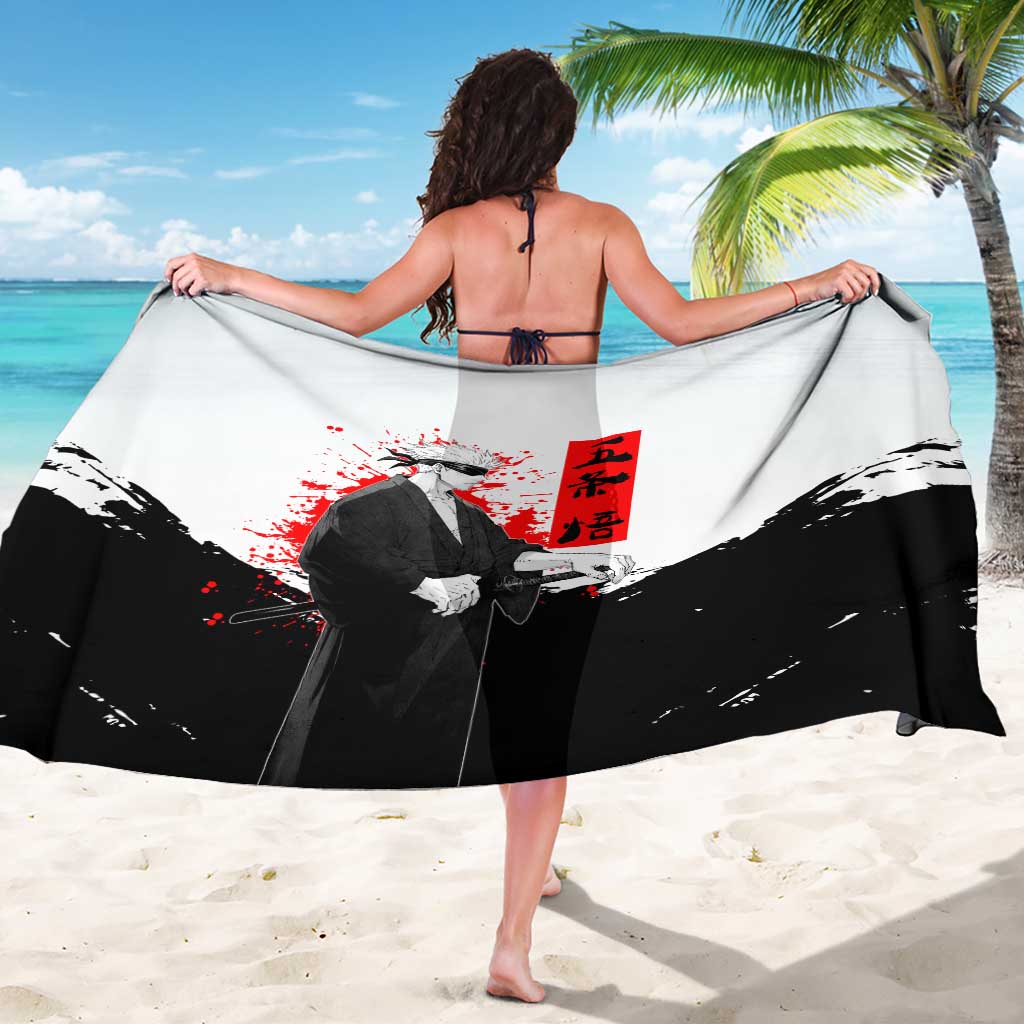 Satoru Gojo Jujutsu Kaisen Samurai Style Sarong with Katana, Red Kanji and Oni Mask Illustration - The Mazicc