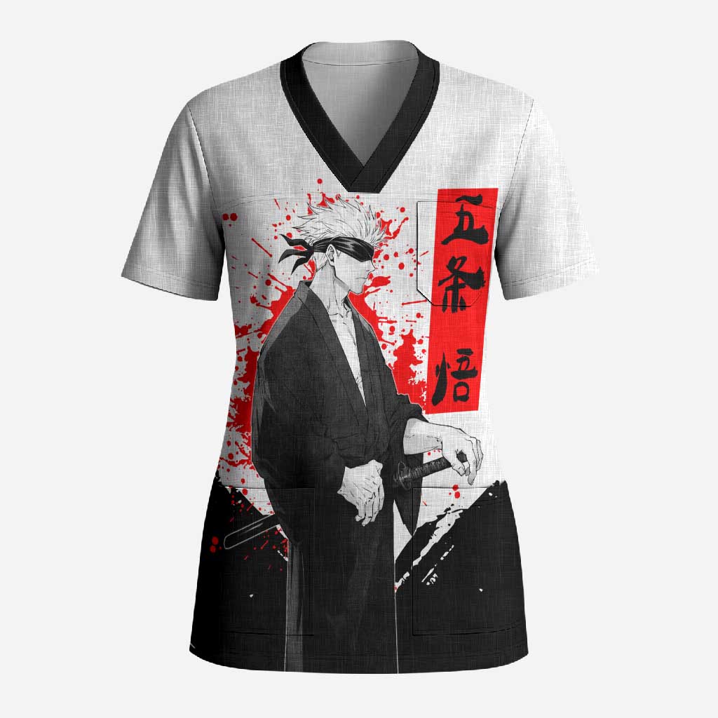 Satoru Gojo Jujutsu Kaisen Samurai Style Scrub Top with Katana, Red Kanji and Oni Mask Illustration - The Mazicc