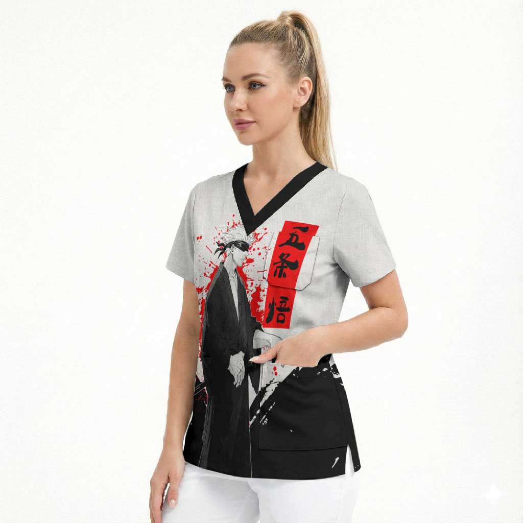 Satoru Gojo Jujutsu Kaisen Samurai Style Scrub Top with Katana, Red Kanji and Oni Mask Illustration - The Mazicc