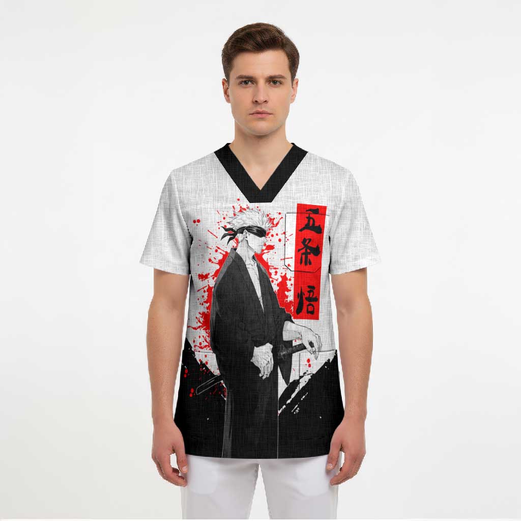 Satoru Gojo Jujutsu Kaisen Samurai Style Scrub Top with Katana, Red Kanji and Oni Mask Illustration - The Mazicc