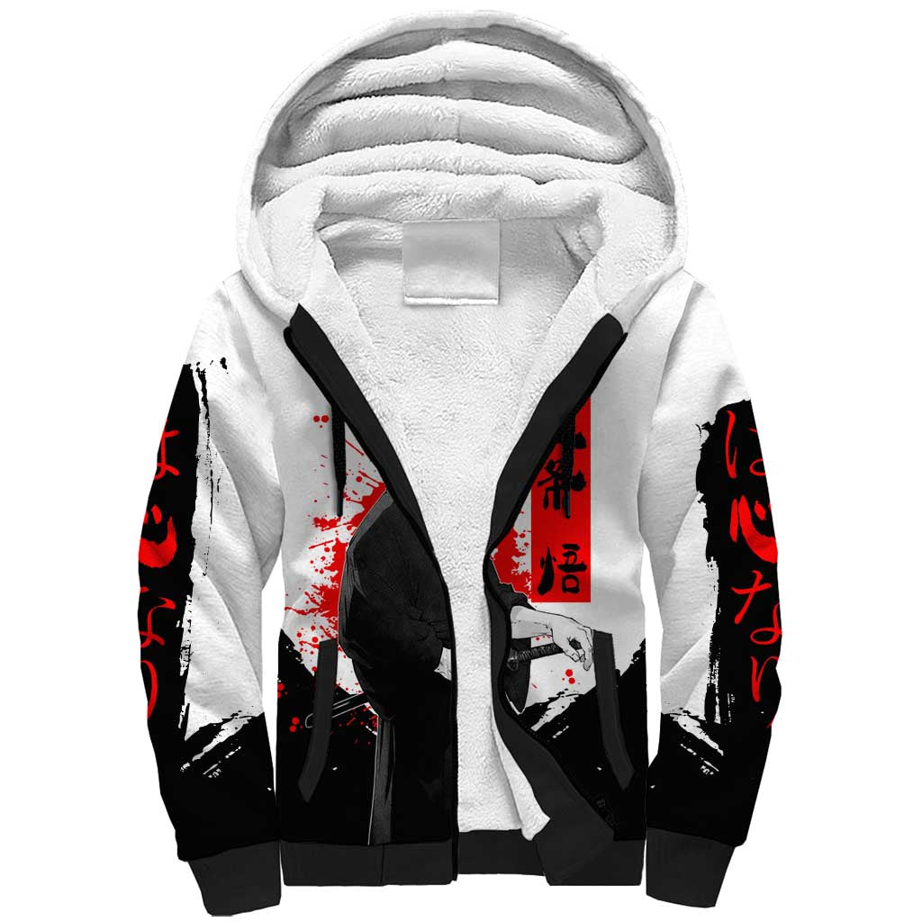 Satoru Gojo Jujutsu Kaisen Samurai Style Sherpa Hoodie with Katana, Red Kanji and Oni Mask Illustration - The Mazicc