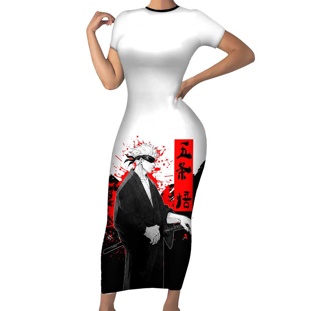 Satoru Gojo Jujutsu Kaisen Samurai Style Short Sleeve Bodycon Dress with Katana, Red Kanji and Oni Mask Illustration - The Mazicc