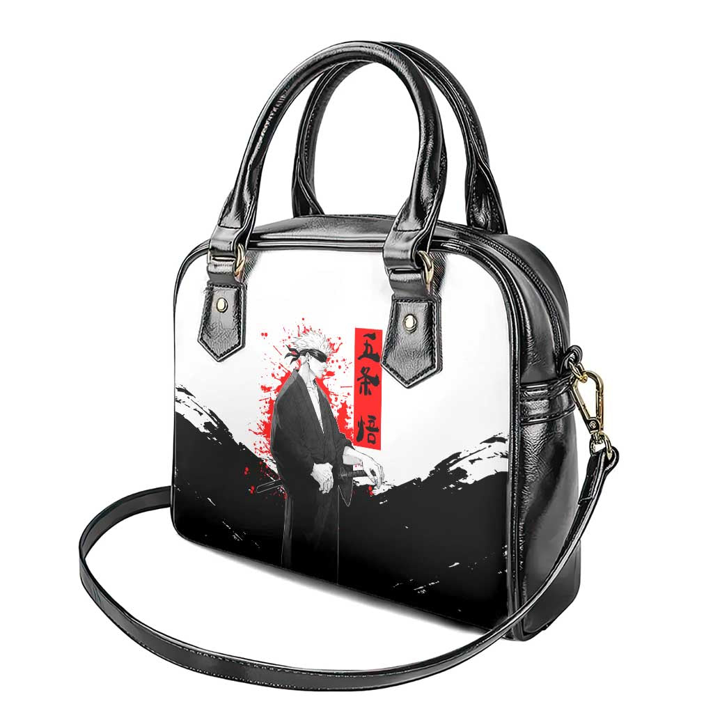 Satoru Gojo Jujutsu Kaisen Samurai Style Shoulder Handbag with Katana, Red Kanji and Oni Mask Illustration - The Mazicc