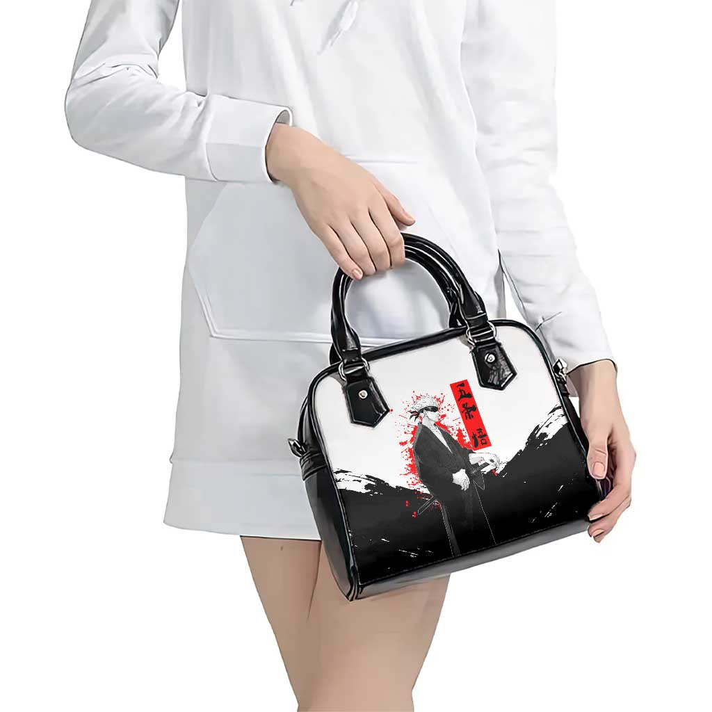 Satoru Gojo Jujutsu Kaisen Samurai Style Shoulder Handbag with Katana, Red Kanji and Oni Mask Illustration - The Mazicc