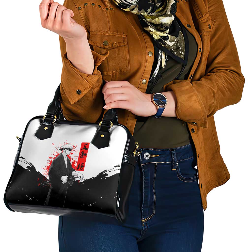 Satoru Gojo Jujutsu Kaisen Samurai Style Shoulder Handbag with Katana, Red Kanji and Oni Mask Illustration - The Mazicc