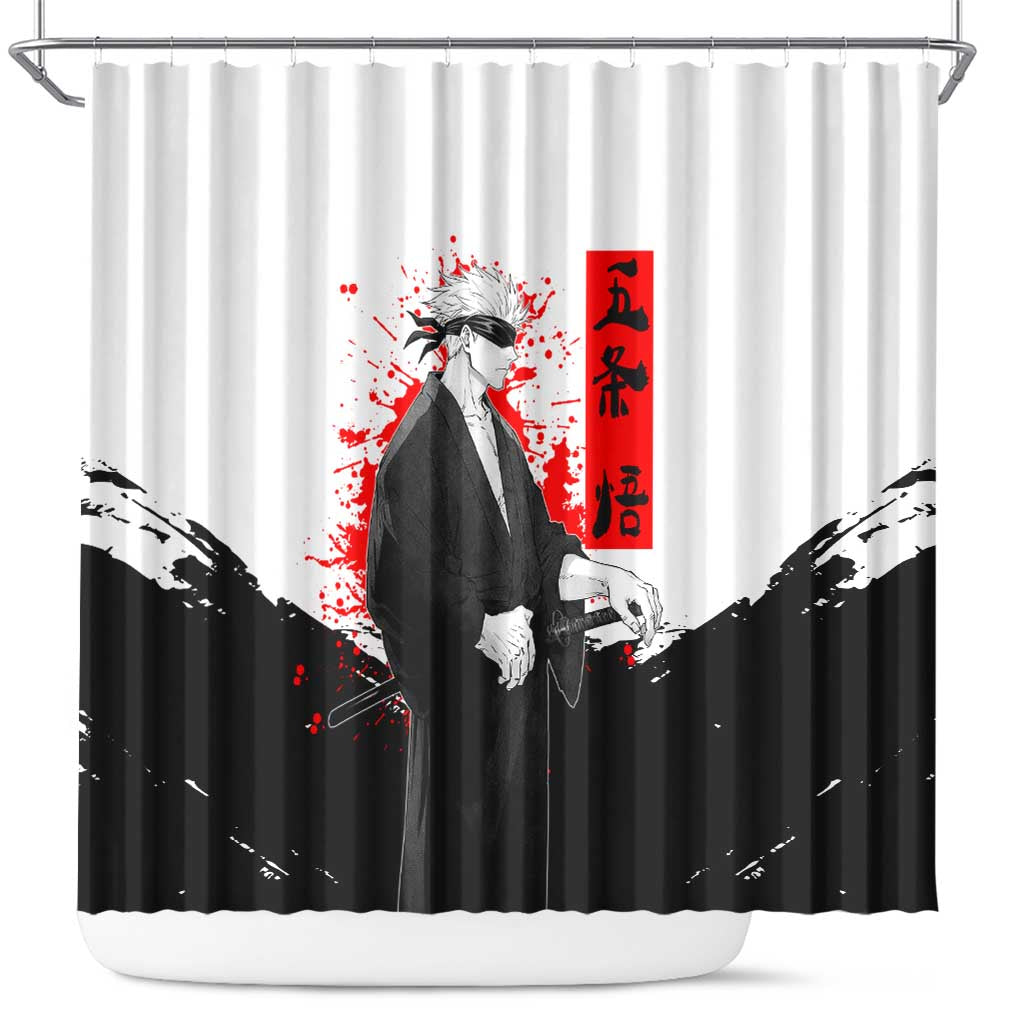 Satoru Gojo Jujutsu Kaisen Samurai Style Shower Curtain with Katana, Red Kanji and Oni Mask Illustration - The Mazicc