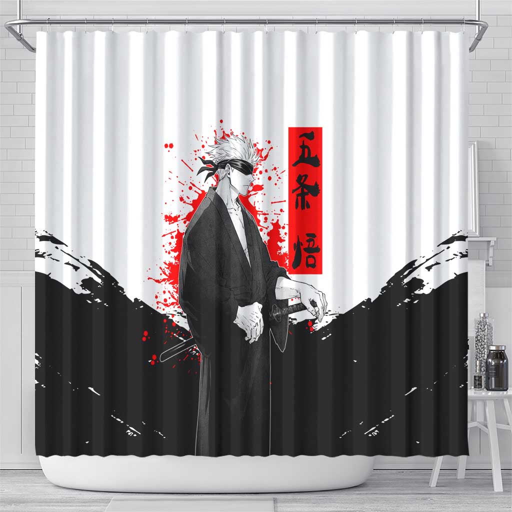 Satoru Gojo Jujutsu Kaisen Samurai Style Shower Curtain with Katana, Red Kanji and Oni Mask Illustration - The Mazicc