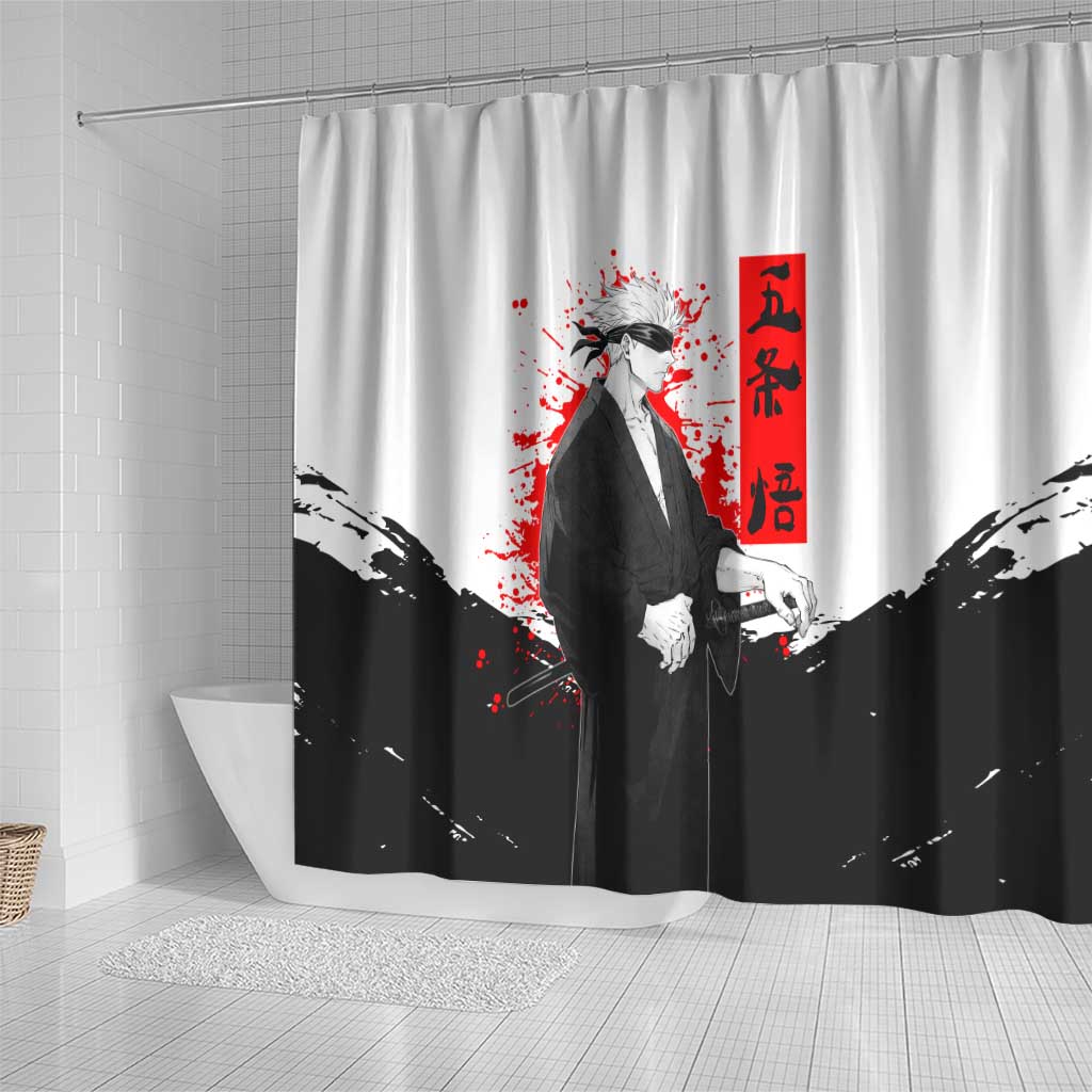 Satoru Gojo Jujutsu Kaisen Samurai Style Shower Curtain with Katana, Red Kanji and Oni Mask Illustration - The Mazicc