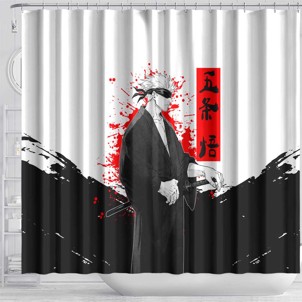 Satoru Gojo Jujutsu Kaisen Samurai Style Shower Curtain with Katana, Red Kanji and Oni Mask Illustration - The Mazicc