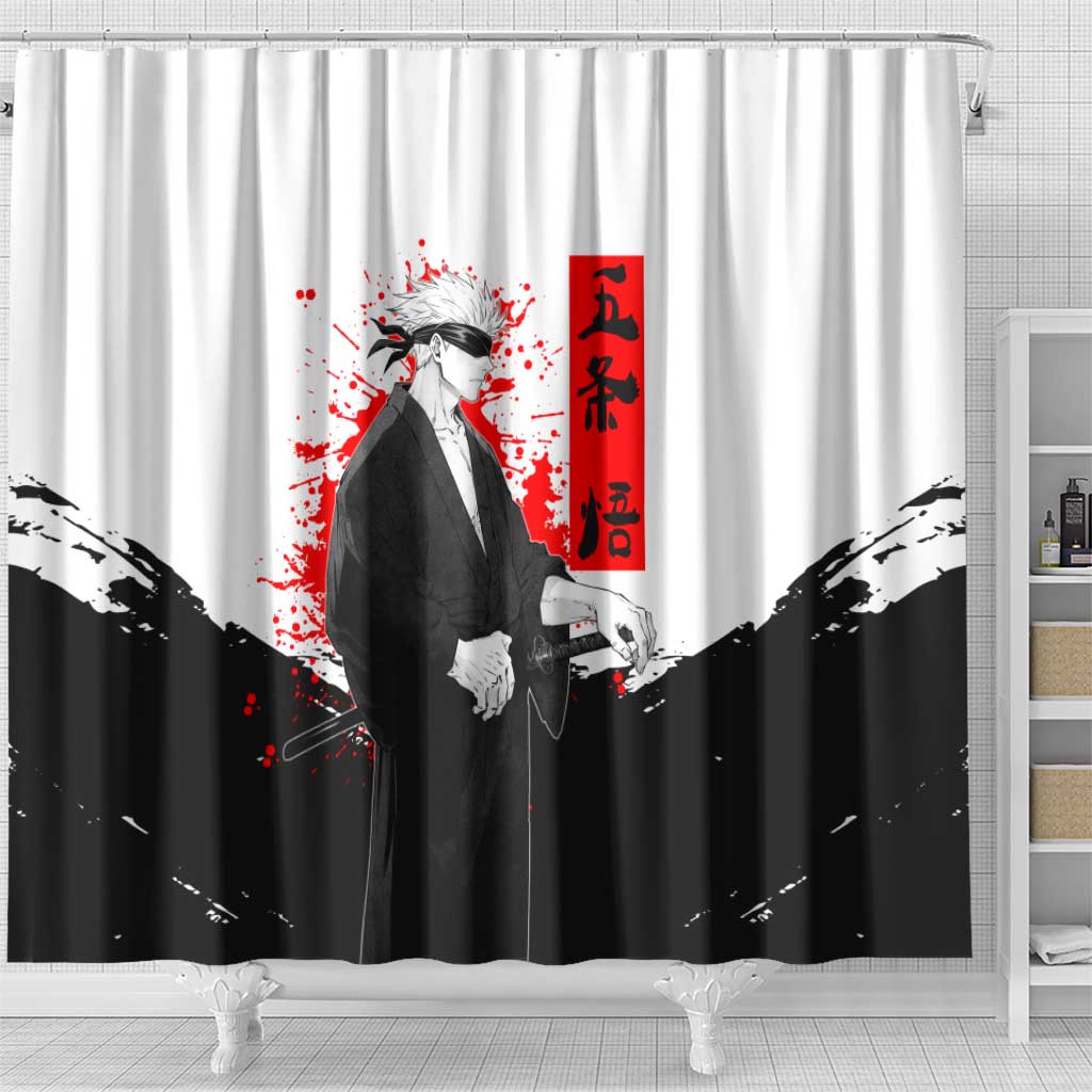 Satoru Gojo Jujutsu Kaisen Samurai Style Shower Curtain with Katana, Red Kanji and Oni Mask Illustration - The Mazicc