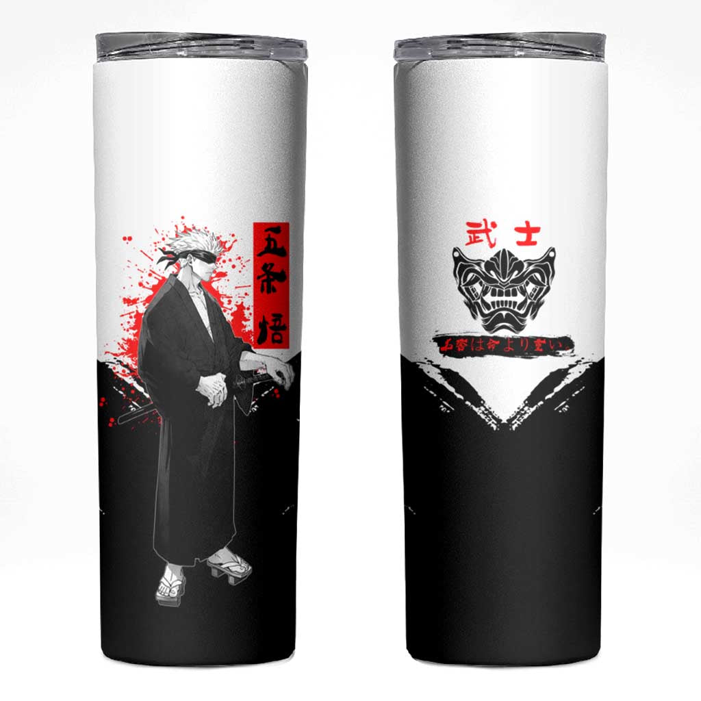 Satoru Gojo Jujutsu Kaisen Samurai Style Skinny Tumbler with Katana, Red Kanji and Oni Mask Illustration - The Mazicc