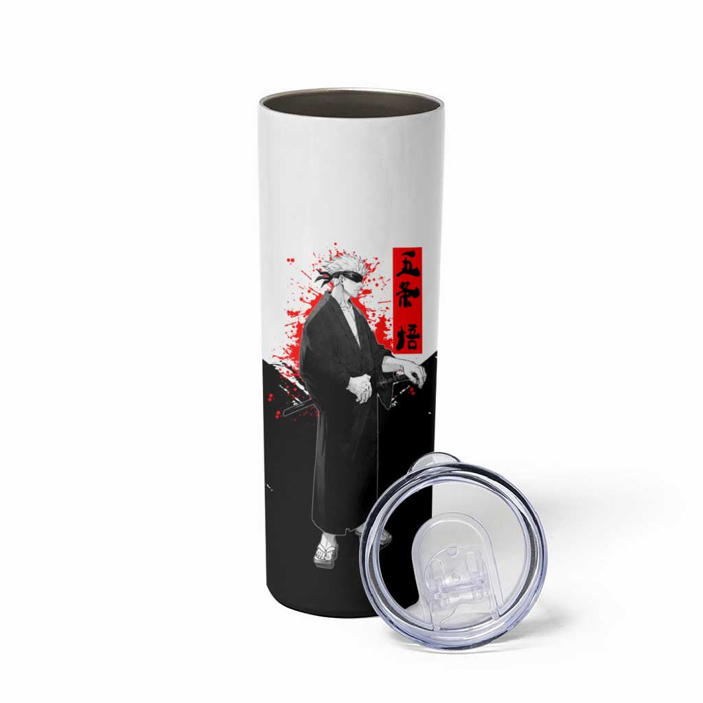 Satoru Gojo Jujutsu Kaisen Samurai Style Skinny Tumbler with Katana, Red Kanji and Oni Mask Illustration - The Mazicc