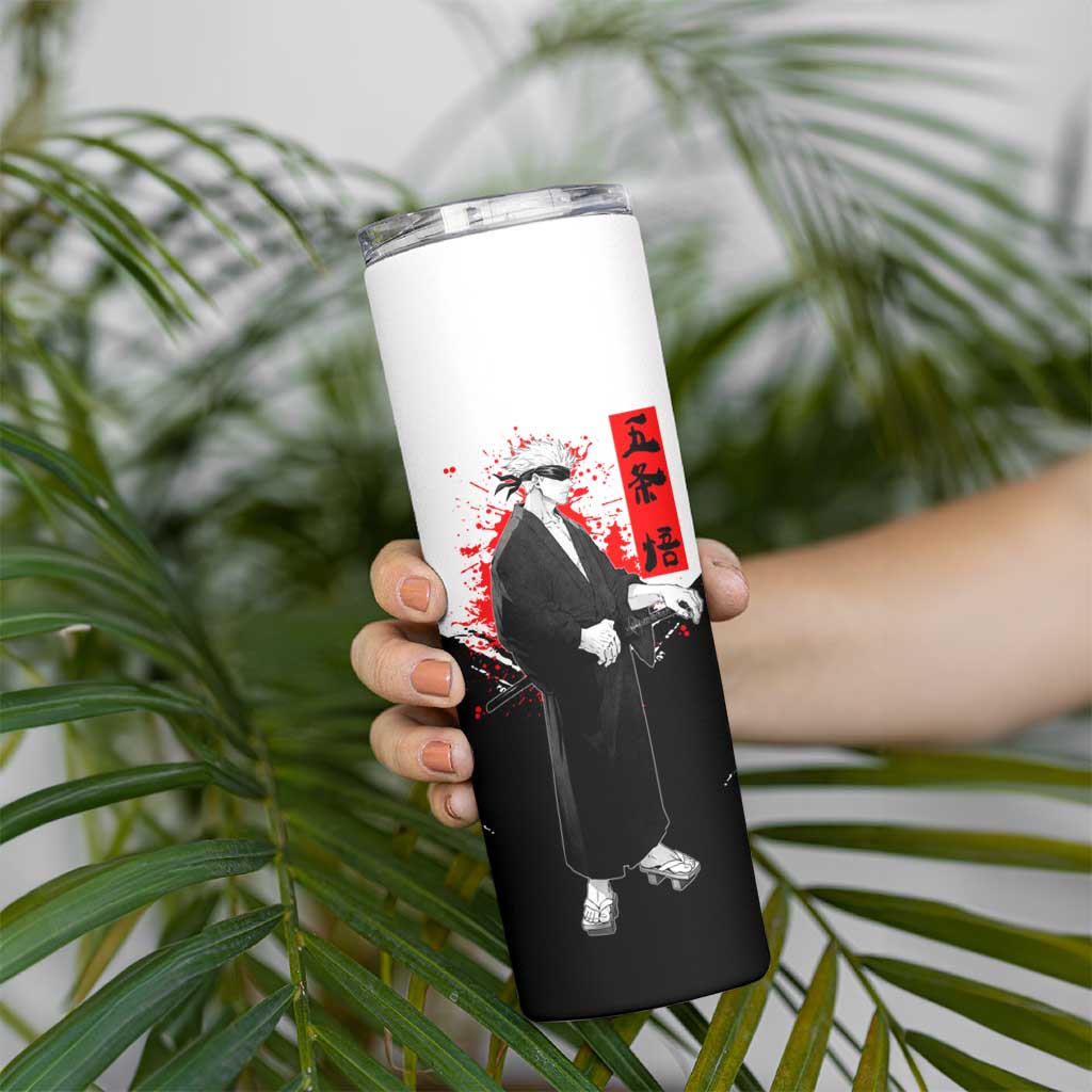 Satoru Gojo Jujutsu Kaisen Samurai Style Skinny Tumbler with Katana, Red Kanji and Oni Mask Illustration - The Mazicc
