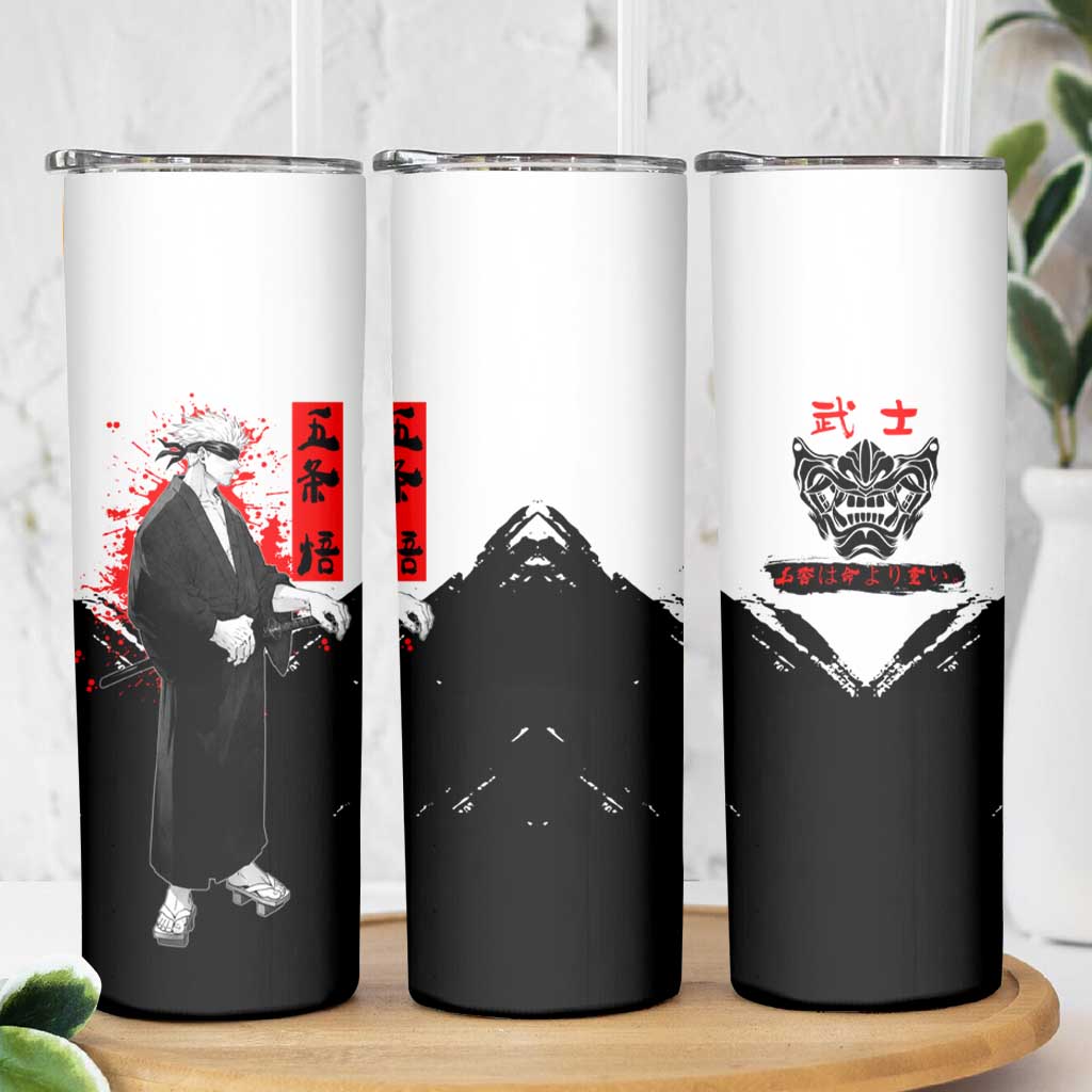 Satoru Gojo Jujutsu Kaisen Samurai Style Skinny Tumbler with Katana, Red Kanji and Oni Mask Illustration - The Mazicc